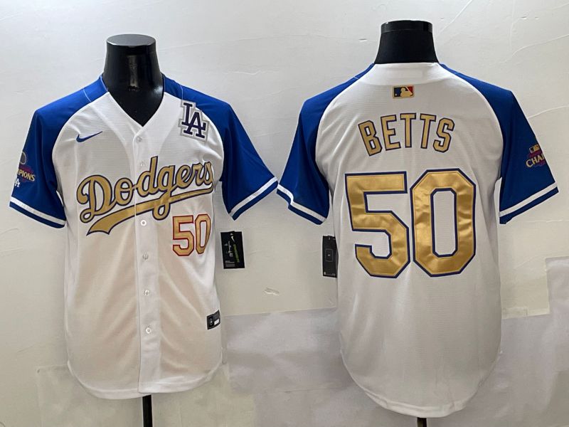 Men Los Angeles Dodgers #50 Betts White Blue Game Nike 2025 MLB Jersey style 8